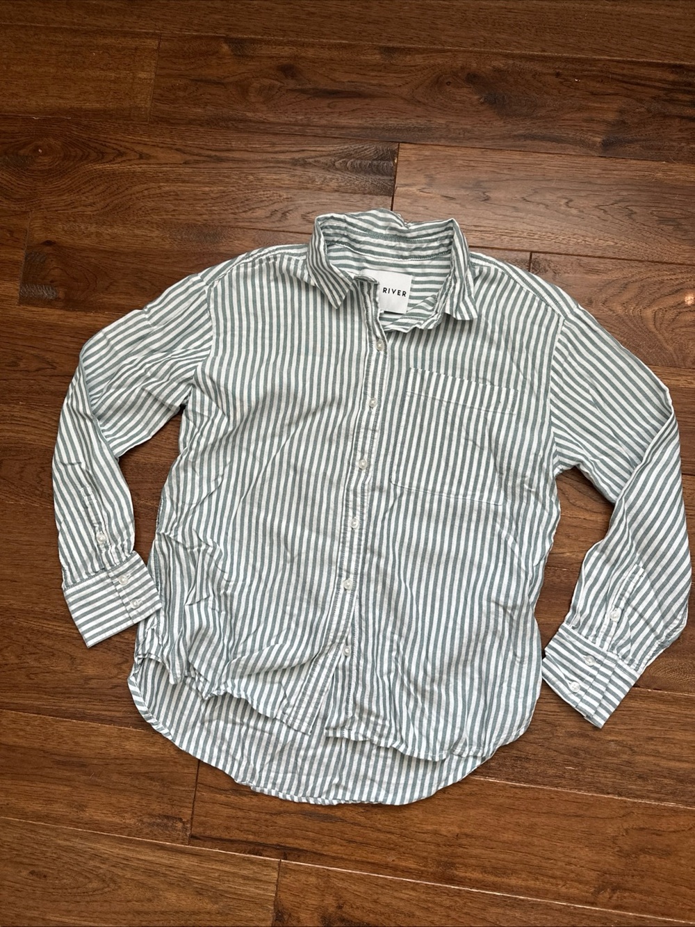 Lola River Striped Tencel Button Down Shirt Gray Green White Medium Soft Flowy